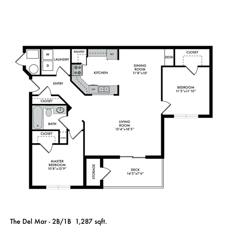Floor plan for 2 beds, 1 bath, 1287 sqft